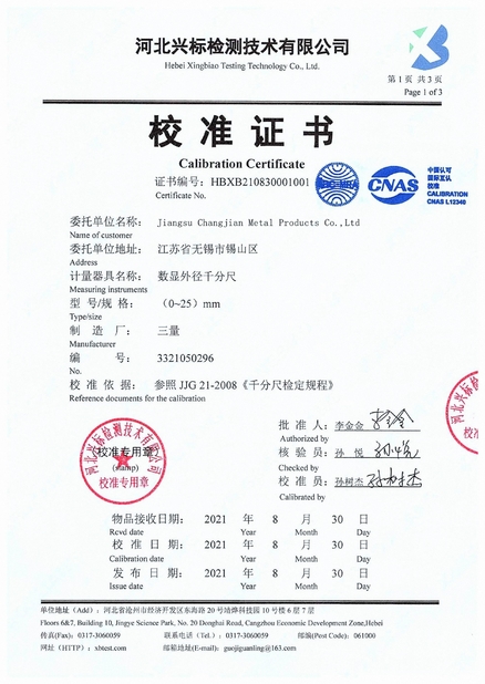 Chine Jiangsu Changjian Metal Products Co., Ltd. certifications